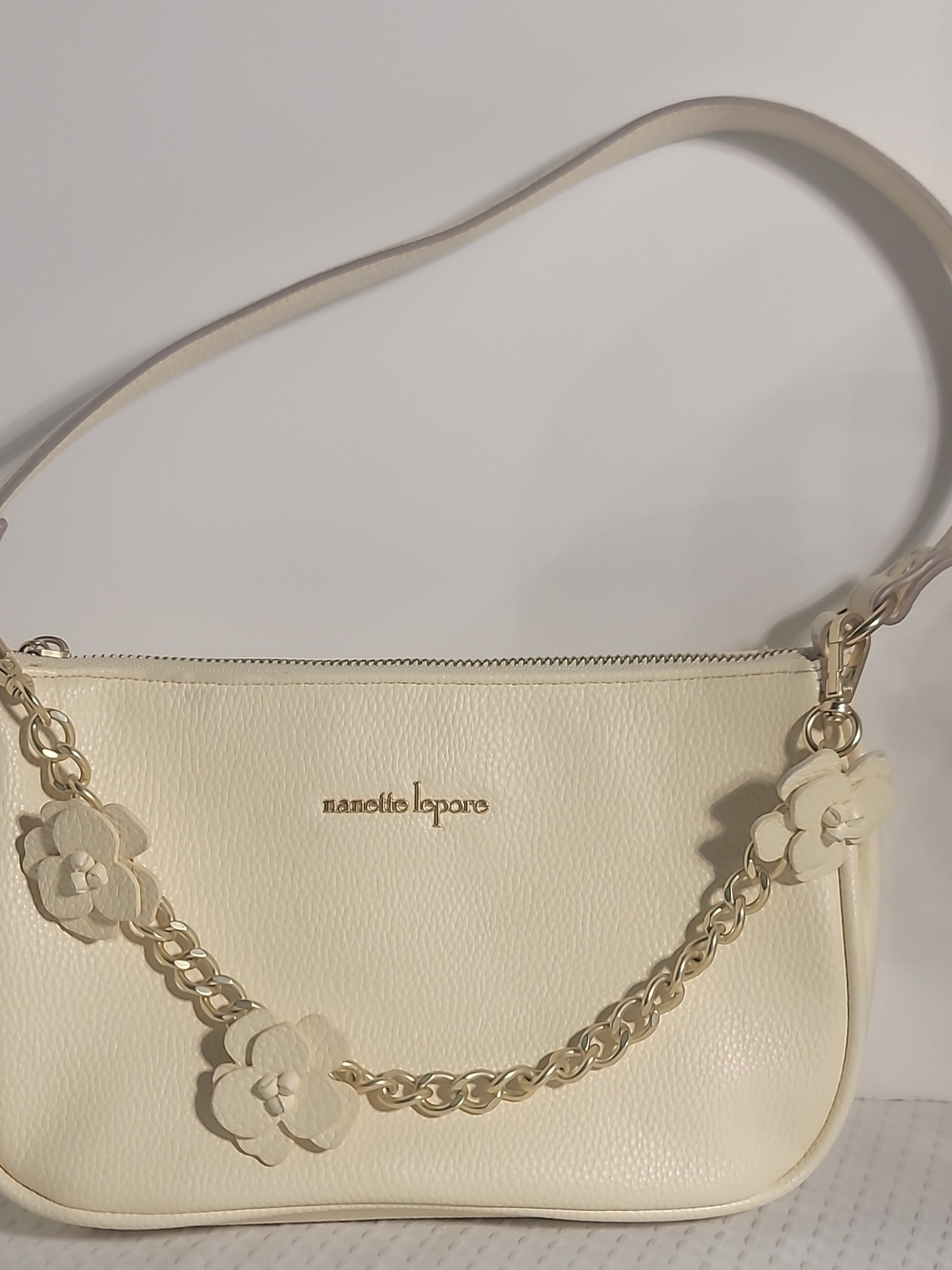 Nanette Lepore Cream Leather Shoulder Bag with Floral Chain